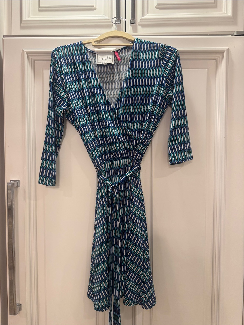 Leota Teal & Navy Geometric Wrap Dress